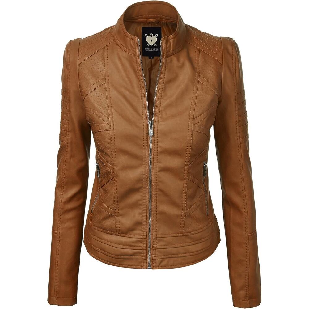Brown Women's Faux Leather Motocycle Biker Jacket Coat size S Lock and Love